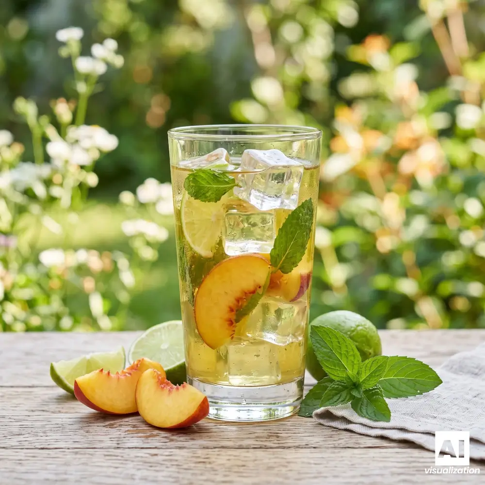 Té verde frío con melocotón, lima, menta y cubitos de hielo.