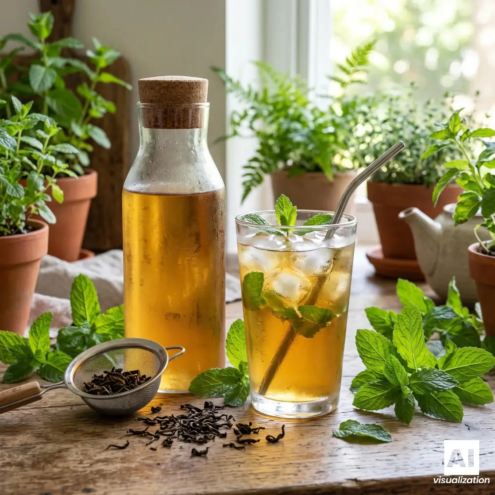 Té frío con menta y hielo en un vaso, junto a una botella de té.