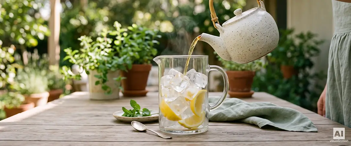 Té caliente servido sobre hielo con rodajas de limón y menta.