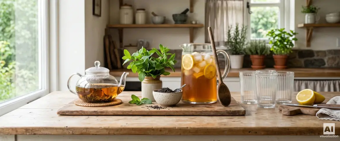 Diferentes tipos de té a granel en cuencos pequeños junto a un vaso de té helado.