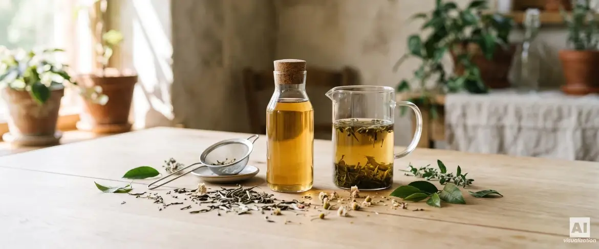 Té preparado en frío en una jarra de cristal y una botella, con hojas de té y un colador.