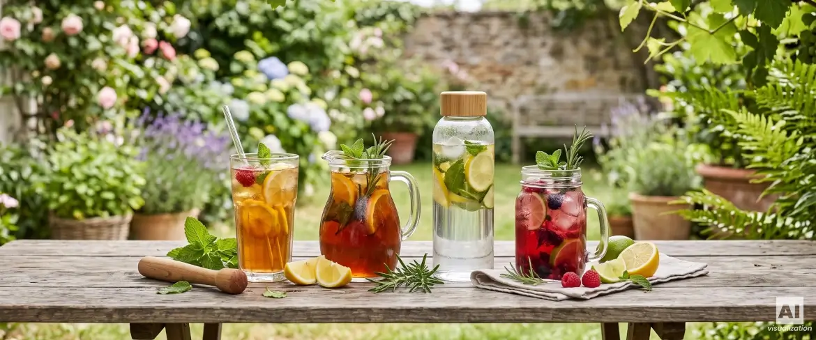 Varias bebidas frías en vasos, jarras, tarros y una botella con fruta y hierbas.
