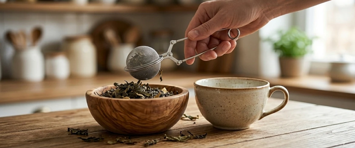 Un colador de té de acero con forma de pinzas mientras se recogen hojas sueltas de un cuenco de madera