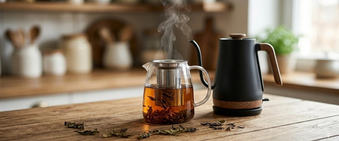 Una tetera de cristal con un colador lleno de té ya preparado y un hervidor de agua moderno: un juego ideal para preparar té