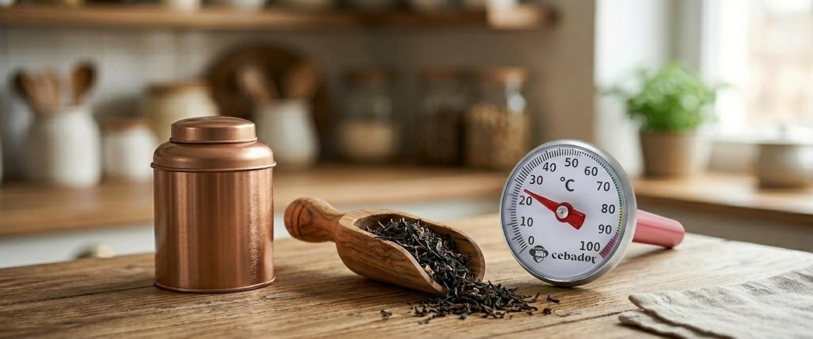 Accesorios imprescindibles para el té: una caja metálica para guardar el té, una cucharilla de madera llena de hojas sueltas y un termómetro para el té