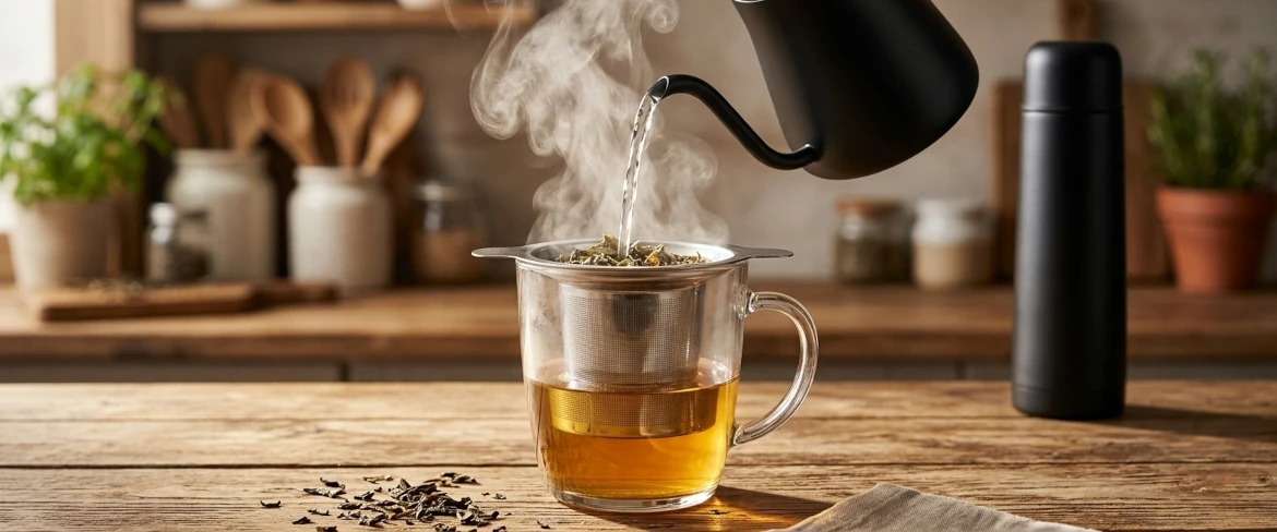 Vierte agua caliente en un infusor de té de gran capacidad, con una jarra de té negro al fondo