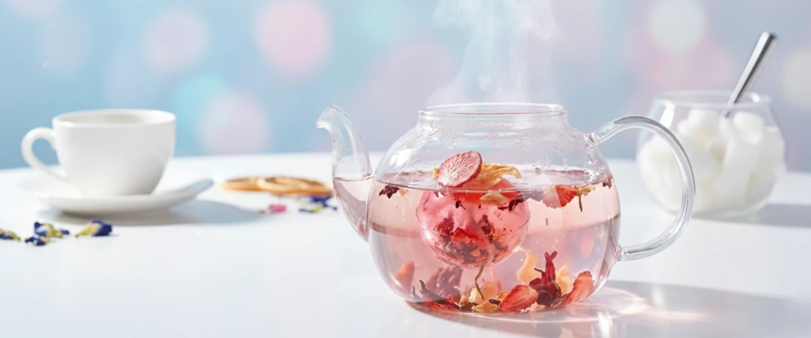 Bola de isomalt preparada para la infusión: té cristalino en una tetera de cristal