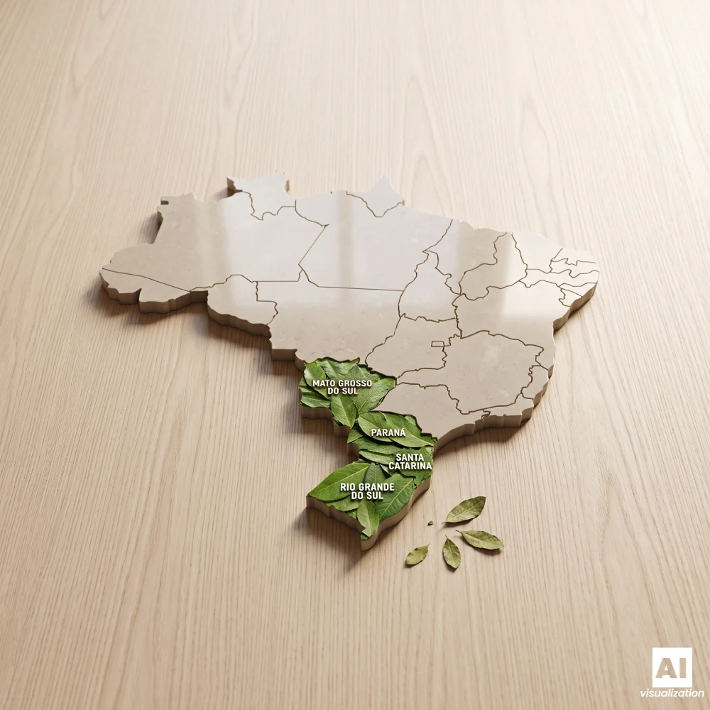 Mapa de Brasil en el que se indican las regiones de cultivo de la yerba mate y se muestran hojas verdes.