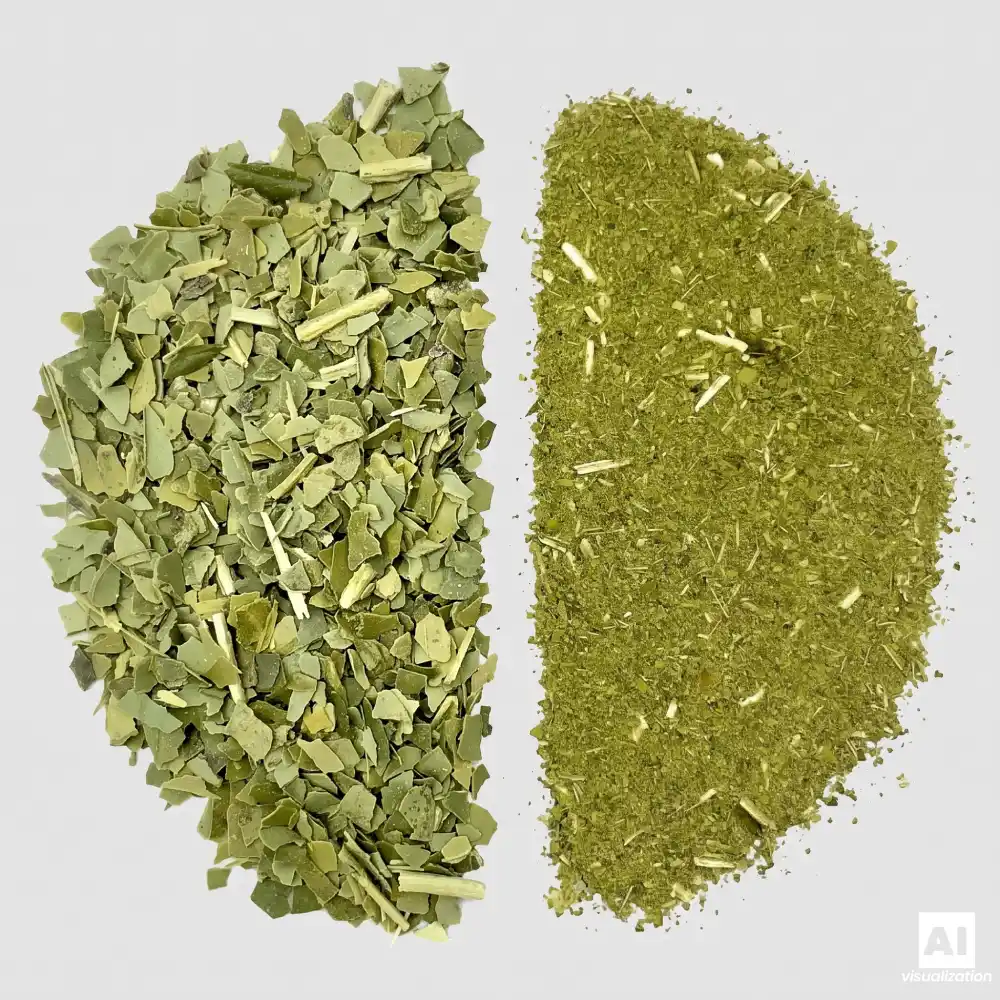 Comparación entre la yerba mate «despalada» verde y el chimarrão molido fino.