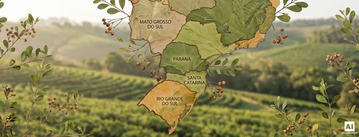 Mapa de las regiones productoras de yerba mate en Brasil, con un fondo de plantaciones y hojas de yerba mate.