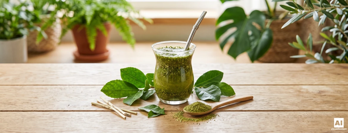 Vaso de cristal con yerba mate verde brasileña, hojas de yerba mate y una hoja verde seca sobre una cuchara.