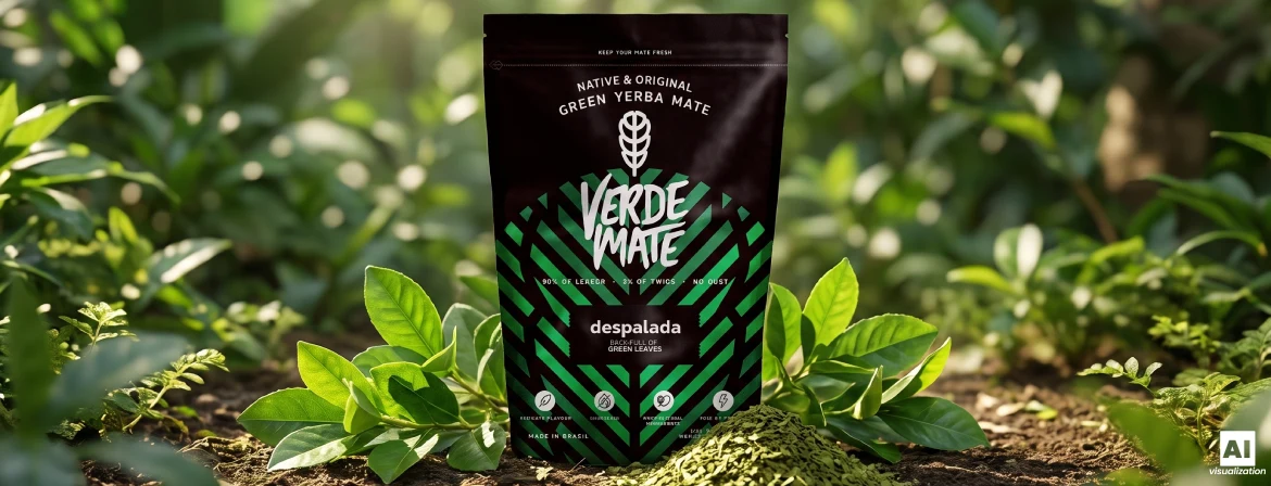 Paquete tipo «doypack» de «Verde Mate Green Despalada» entre hojas frescas y yerba mate verde seca.