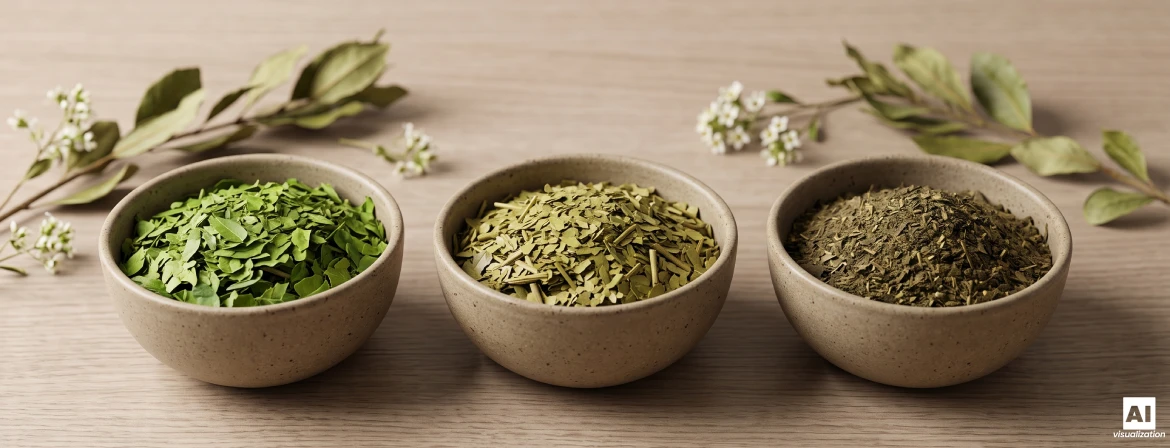 Tres cuencos de hojas secas de yerba mate con diferentes colores, finuras e intensidades.