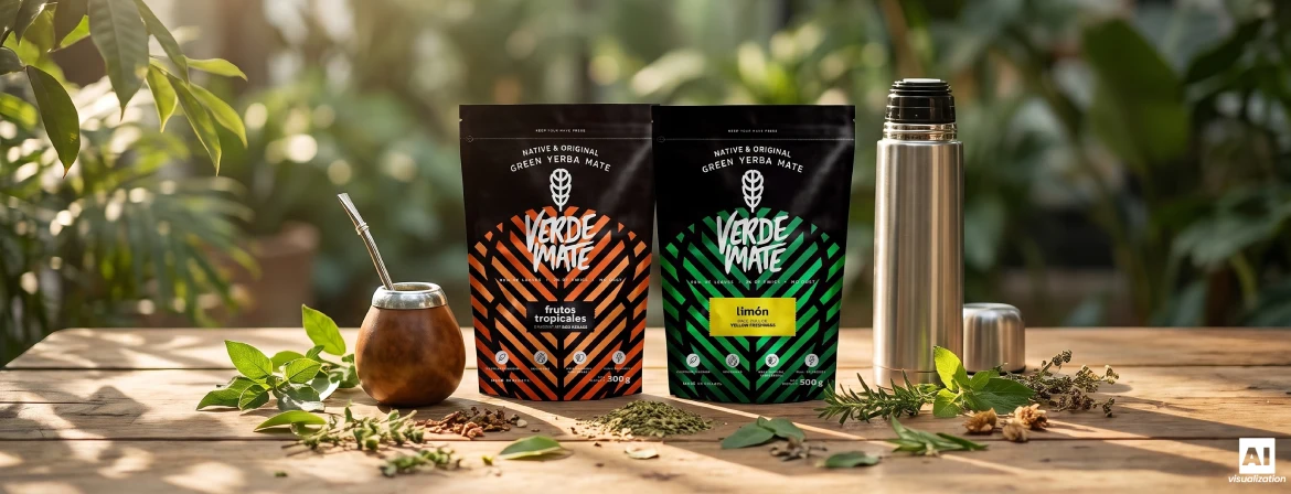 Juego para preparar yerba mate brasileña con una calabaza de mate, una bombilla, un termo y envases doypack de Verde Mate.