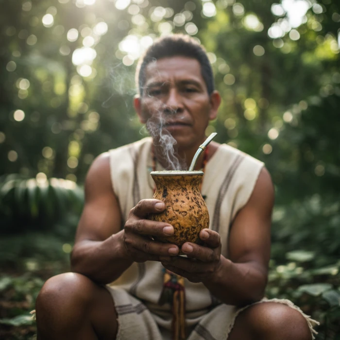 Hombre guaraní bebiendo yerba mate de una calabaza tradicional rodeado de vegetación tropical