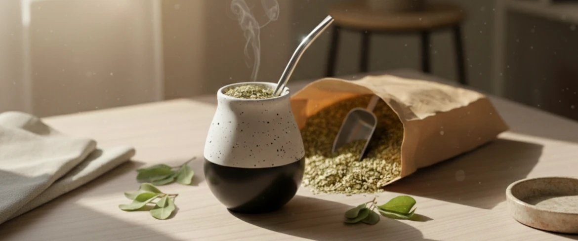 Calabaza de cerámica con yerba mate y bombilla – recipiente de cerámica para yerba mate con luz natural
