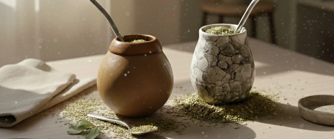 Comparación: calabaza natural y calabaza de cerámica para mate, una al lado de la otra