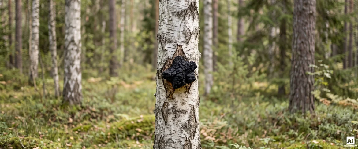 Crecimiento de chaga negra en el tronco de un abedul en un bosque del norte.