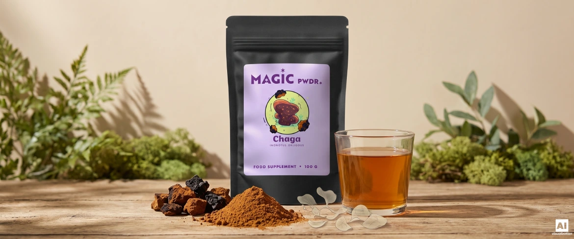 Extracto de chaga en polvo, trozos de seta seca y una infusión junto a un envase tipo «doypack» de Magic Pwdr.