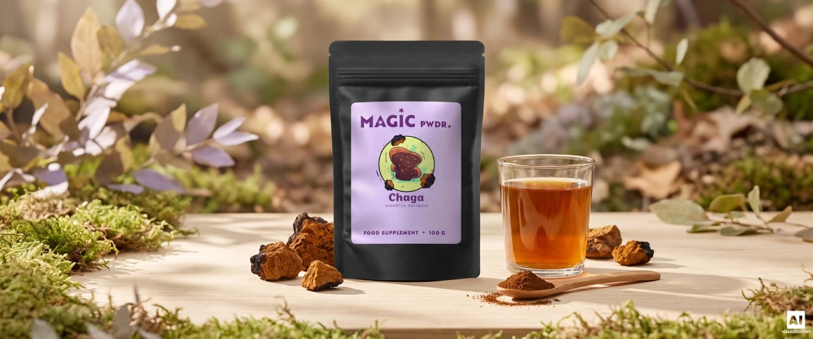 Paquete tipo «doypack» de Magic Pwdr Chaga, extracto en polvo, trozos de seta seca y una infusión.
