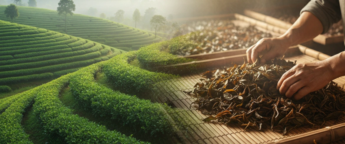 El proceso de producción del té negro en hojas sueltas: fermentación y secado.
