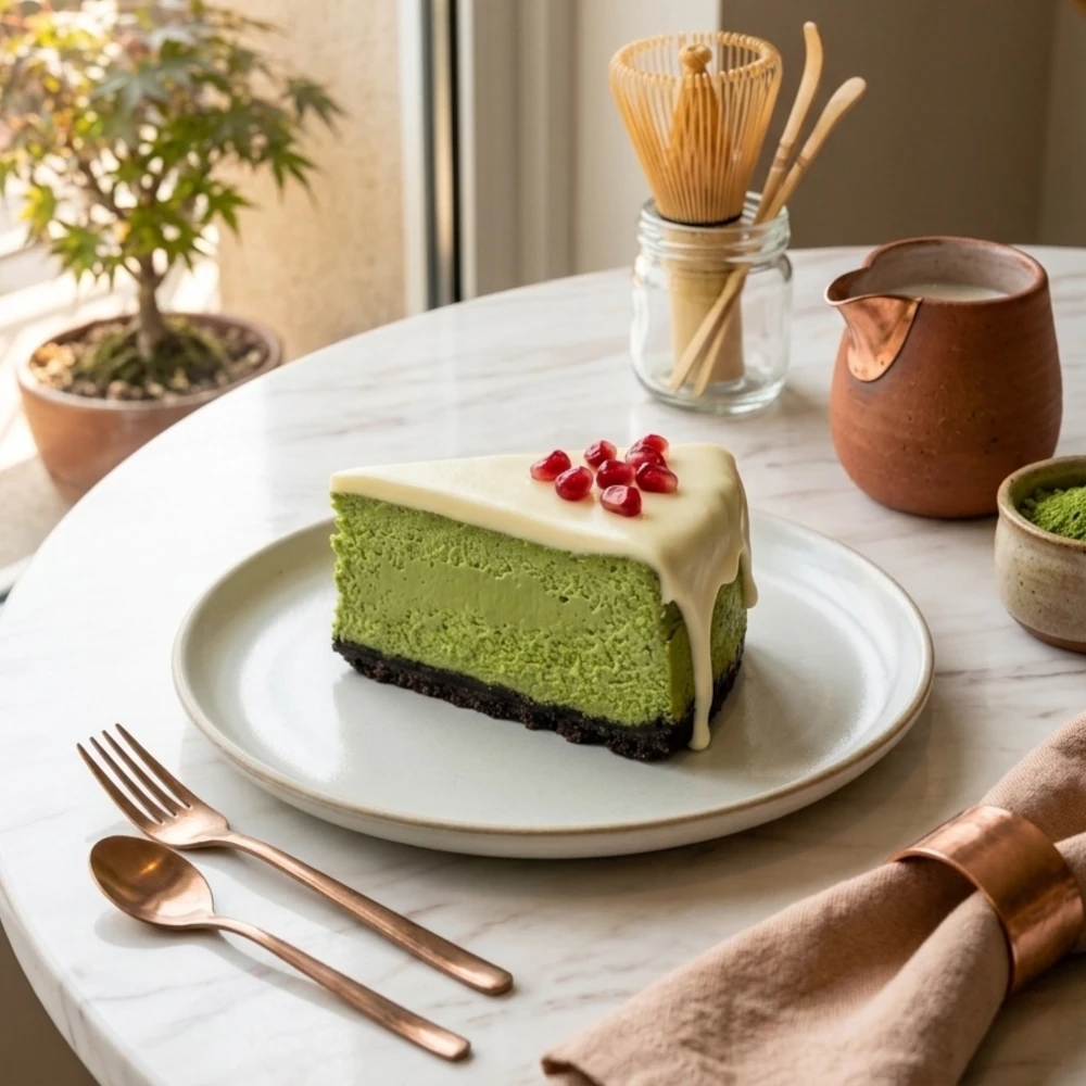 Tarta de queso cremosa de matcha con chocolate blanco y semillas de granada en un plato ligero