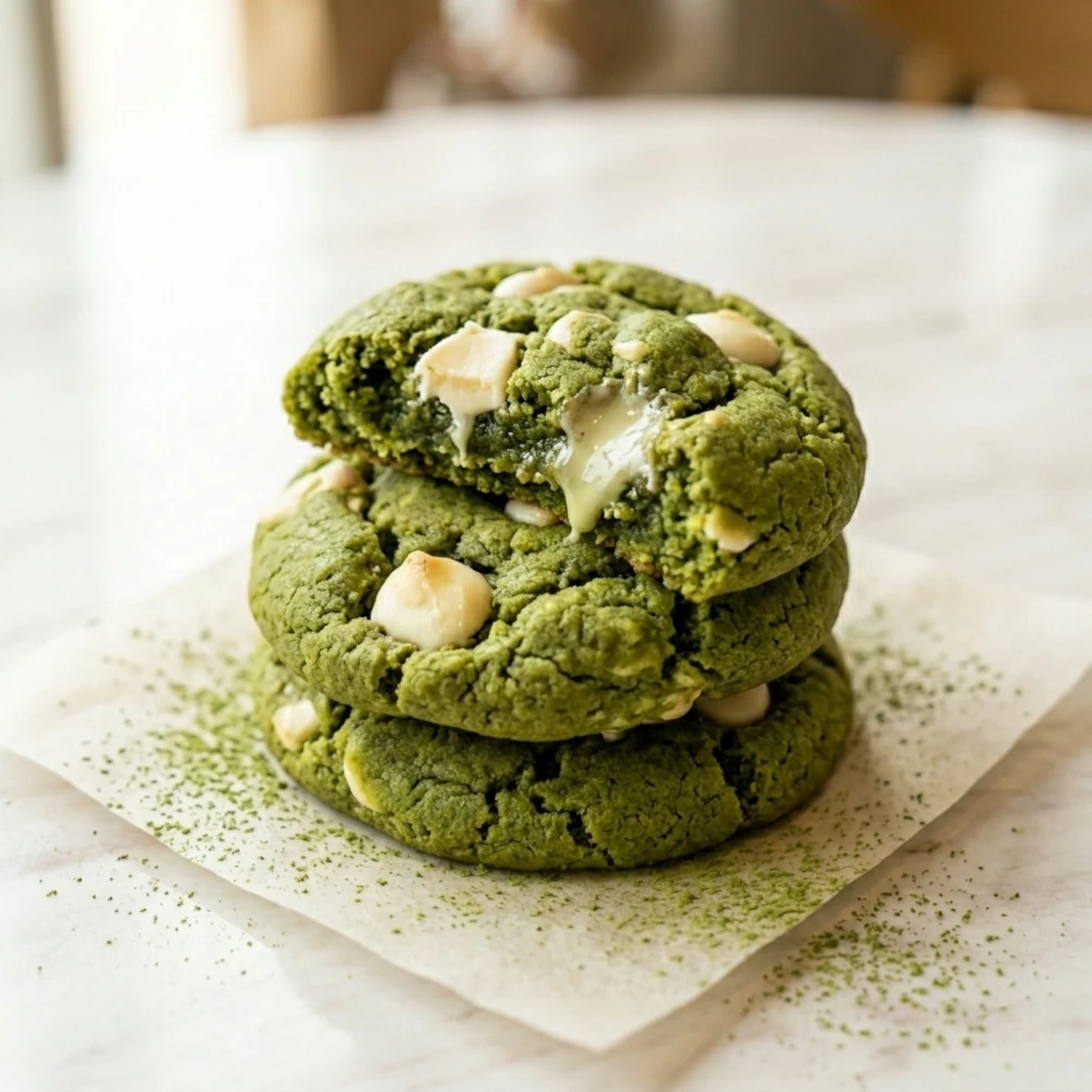 Galletas de matcha crujientes por fuera y blanditas por dentro, con chocolate blanco