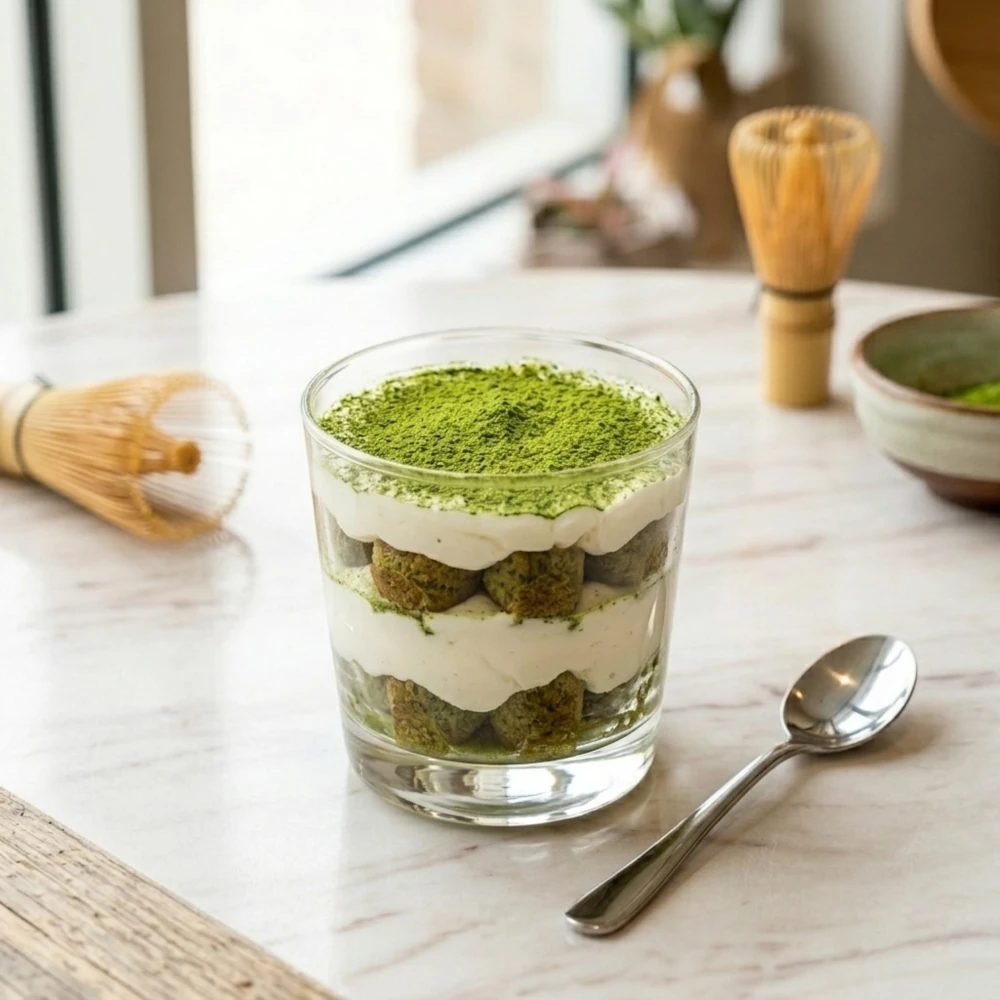 Un postre de tiramisú de matcha en capas servido en una copa de cristal