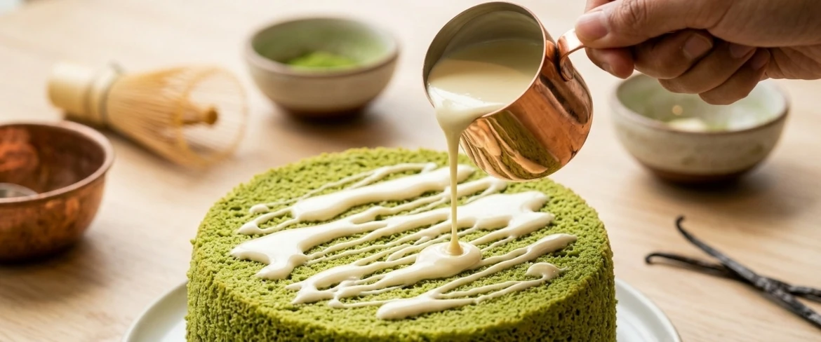 Decorar un pastel verde con un glaseado ligero, es decir, un espectacular pastel de matcha con chocolate blanco
