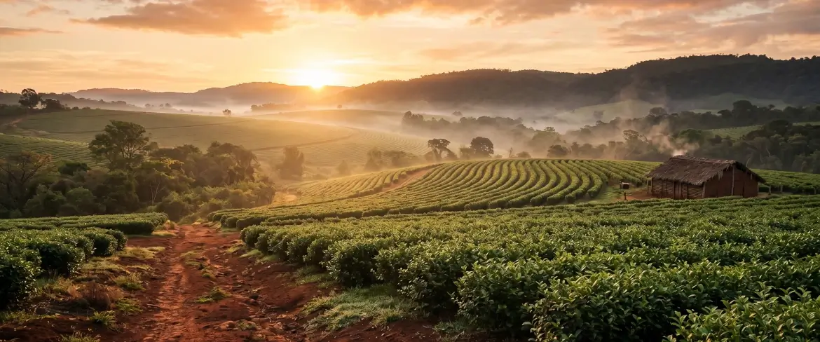 Una plantación de acebo envuelta en la bruma al amanecer, origen de la tradicional yerba mate paraguaya.