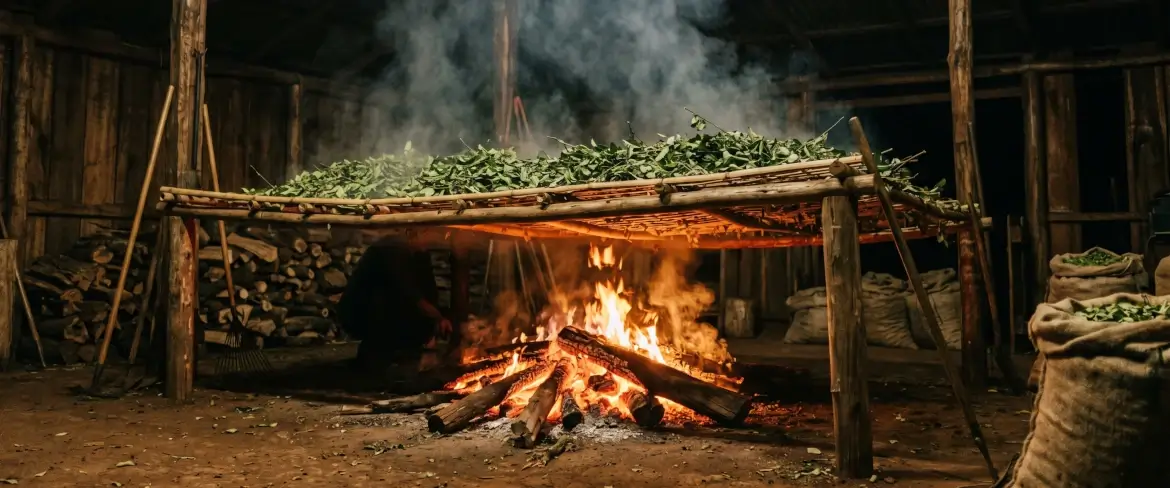 Método tradicional de secado de las hojas sobre el fuego de una barbacuá, lo que confiere a la yerba mate paraguaya su sabor ahumado.