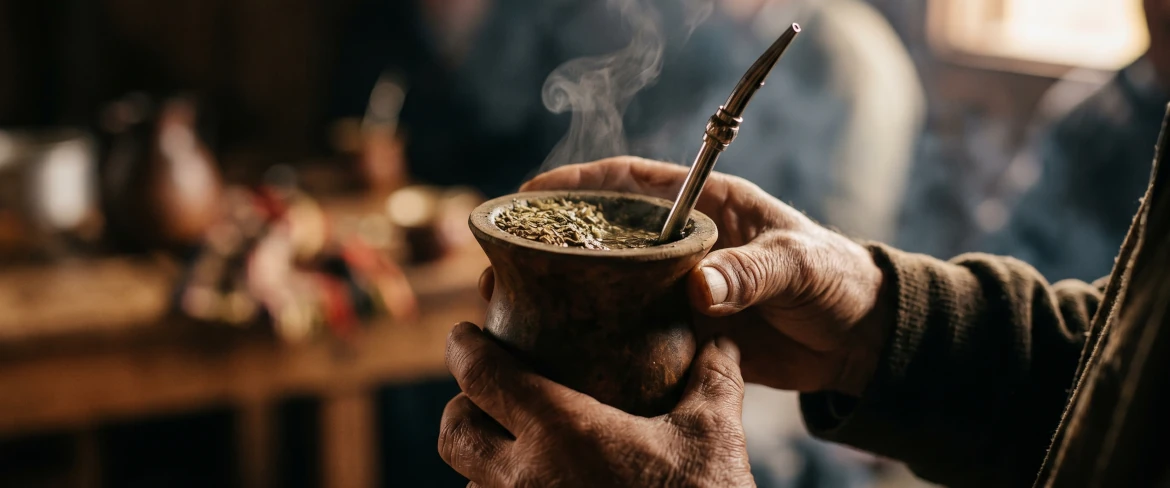 Unas manos que sostienen una calabaza de mate con una infusión caliente: el sabor, el calor y el efecto estimulante de la yerba mate más fuerte.