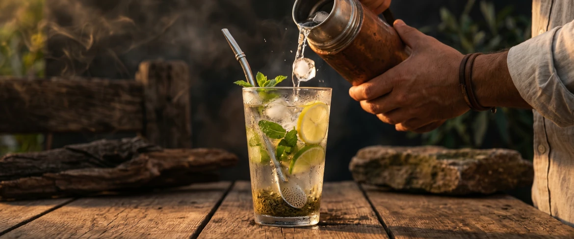 Un refrescante tereré con hielo y menta, elaborado con la clásica yerba mate paraguaya.
