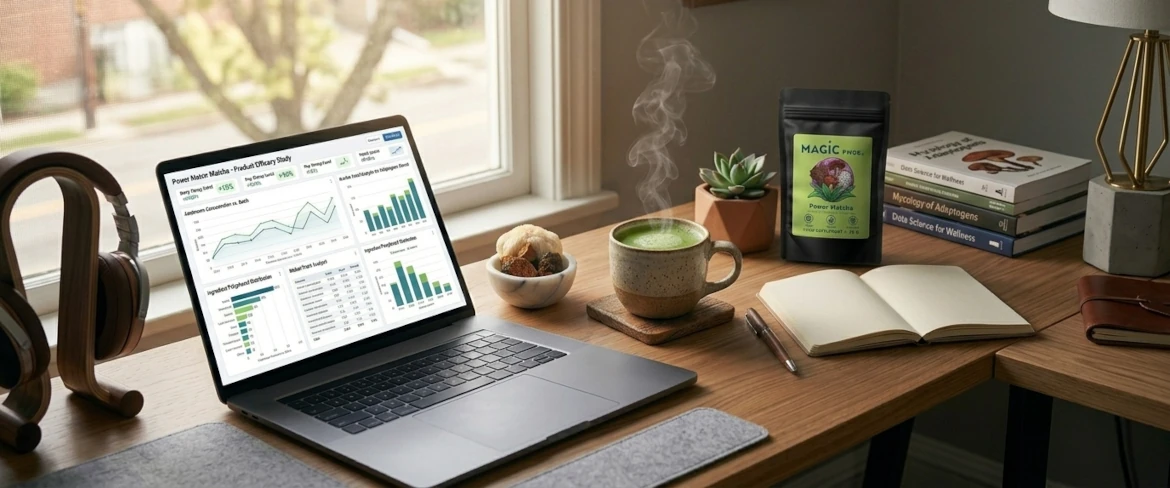 Espacio de trabajo moderno con un ordenador portátil y una bebida que favorece la concentración, elaborada con extracto de setas medicinales