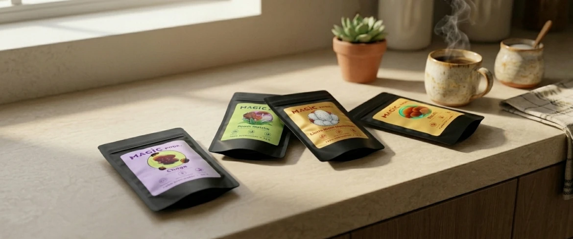 Suplementos de setas en la encimera de la cocina, en los que se muestra toda la gama Magic Pwdr, incluyendo reishi, chaga y melena de león