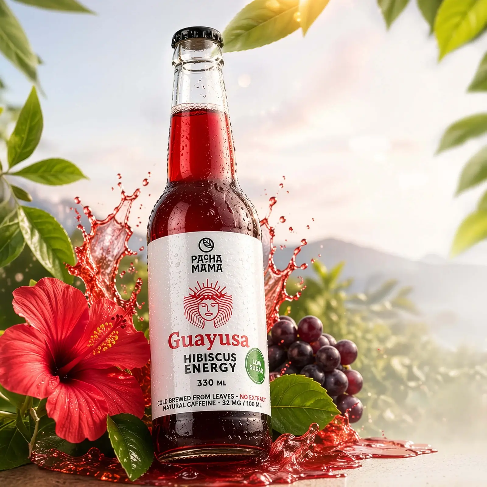 Bebida energética de guayusa, pachamama, hibisco y cold brew en botella