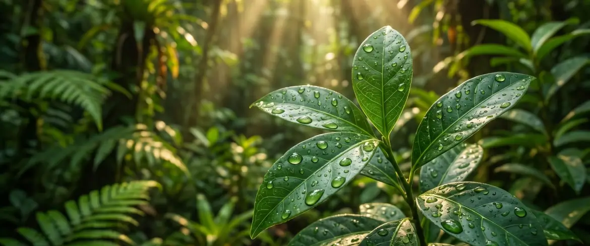 Hojas frescas de Ilex guayusa de la selva amazónica, que se utilizan para preparar té de guayusa.