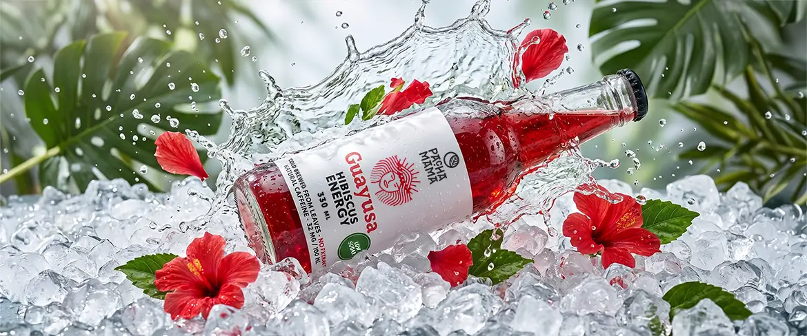 Botella de Guayusa Pachamama Cold Brew sobre hielo picado con flores de hibisco.