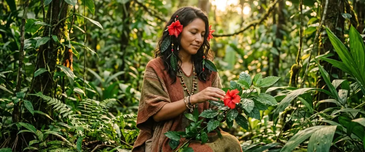 Una mujer que encarna a una diosa andina, rodeada por la naturaleza amazónica y flores de hibisco: un símbolo de la filosofía sostenible de Pachamama Guayusa.