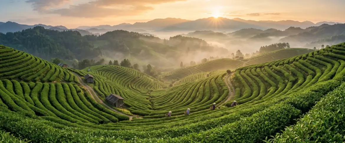 Una pintoresca plantación de té al amanecer.