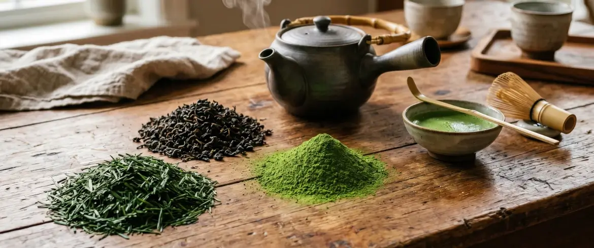 Hojas de té a granel sobre una mesa de madera: té verde chino, matcha japonés en polvo y té negro indio enrollado.
