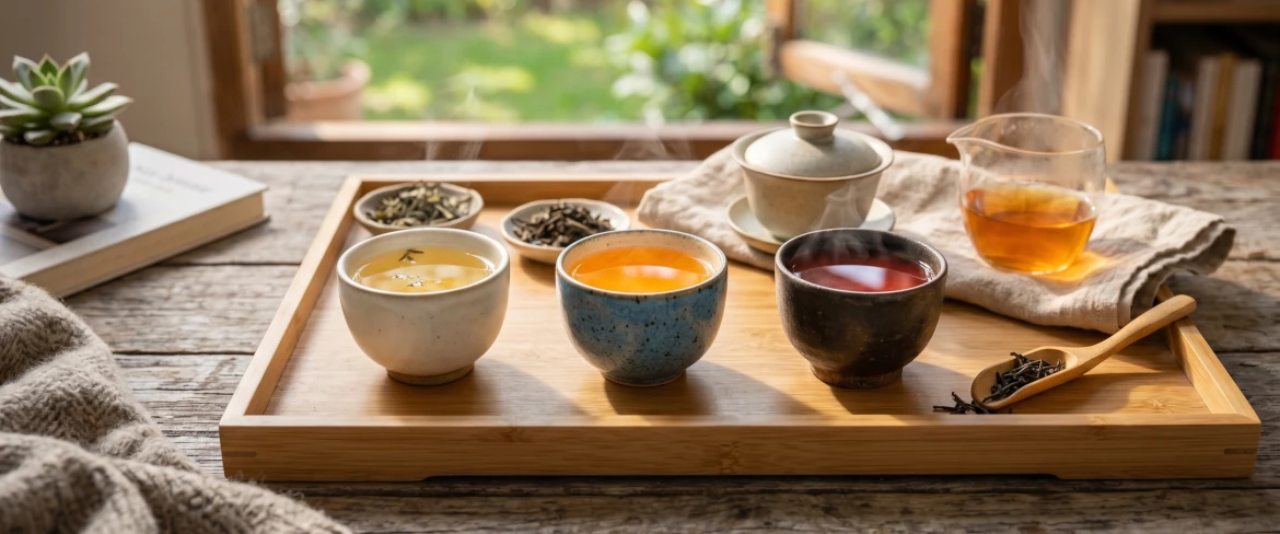 Tres tazas de infusiones calientes sobre una bandeja de bambú que representan diferentes tipos de té: un delicado té chino, un fresco té japonés y un intenso té indio.