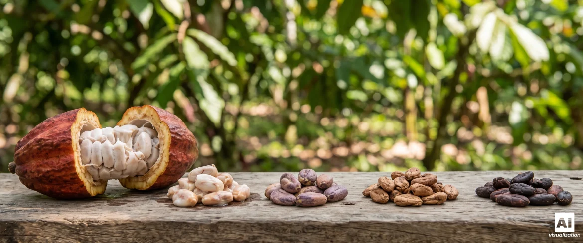 Frutos de cacao y granos de cacao con una plantación tropical al fondo.