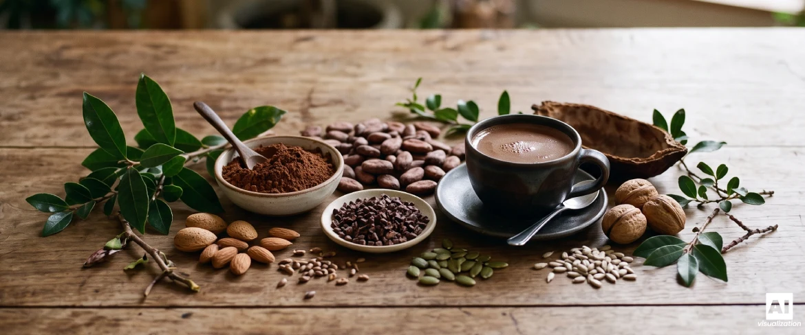 Una taza de chocolate caliente con cacao en polvo, granos de cacao e ingredientes de origen vegetal.