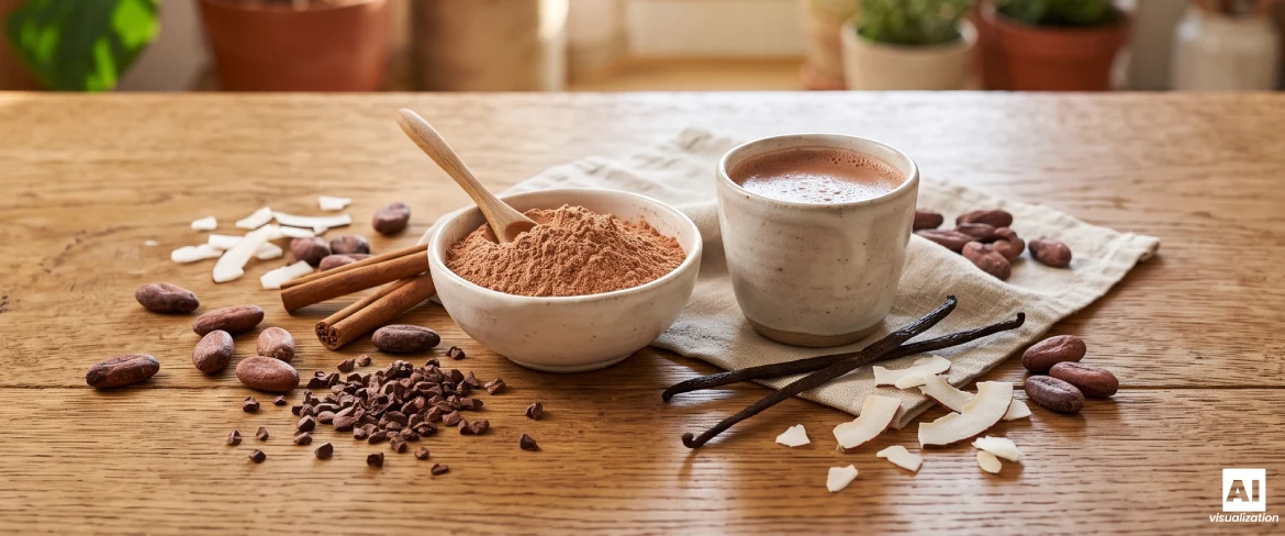 Cacao en polvo natural con granos de cacao y una taza de bebida.