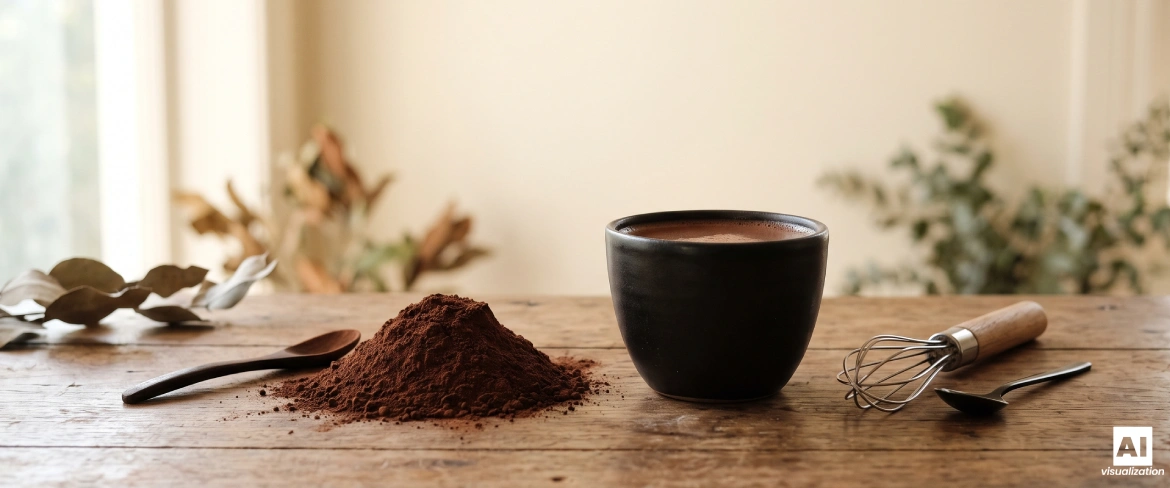 Cacao en polvo alcalinizado y una bebida de cacao negro batida con unas varillas.