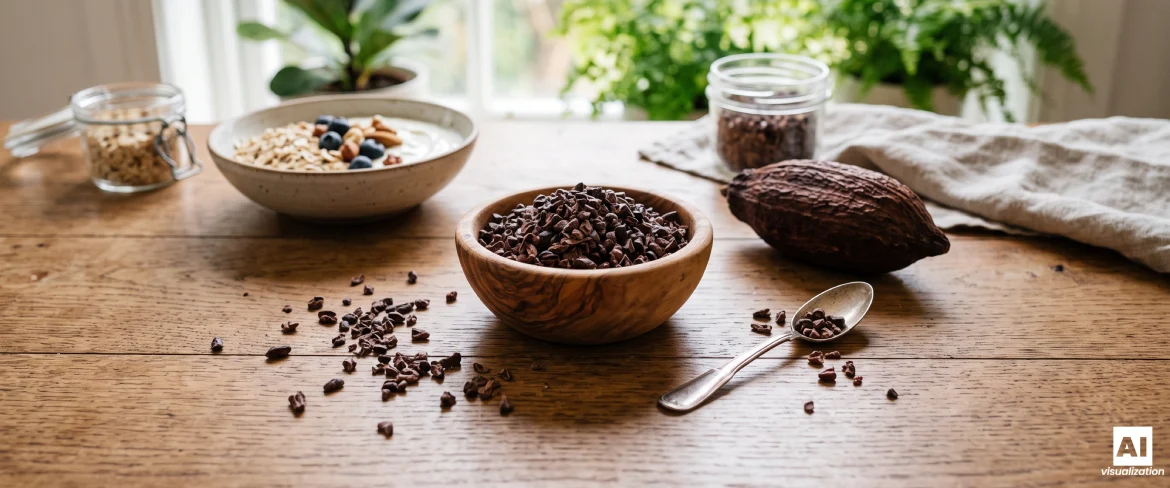Granos de cacao triturados en un cuenco, junto con un fruto de cacao y el desayuno.