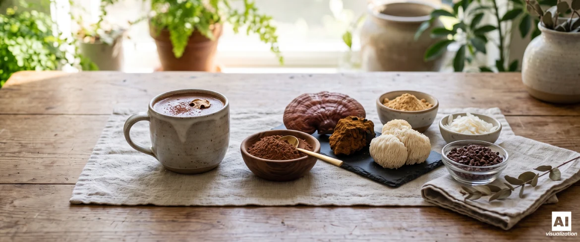 Una taza de chocolate caliente, cacao en polvo, setas de reishi, chaga y melena de león, y granos de cacao sobre una mesa de madera.