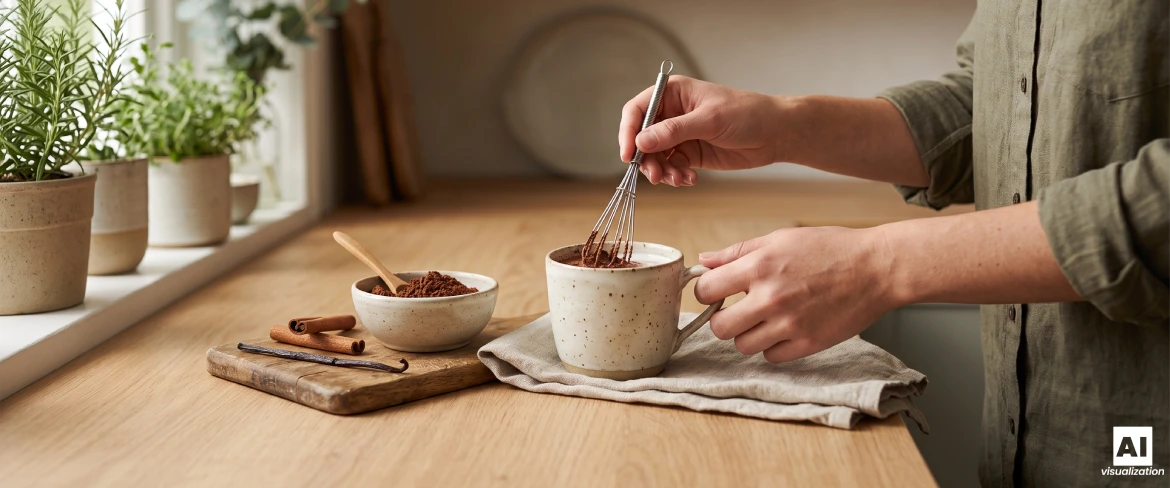 Preparar cacao natural en una taza con unas varillas.