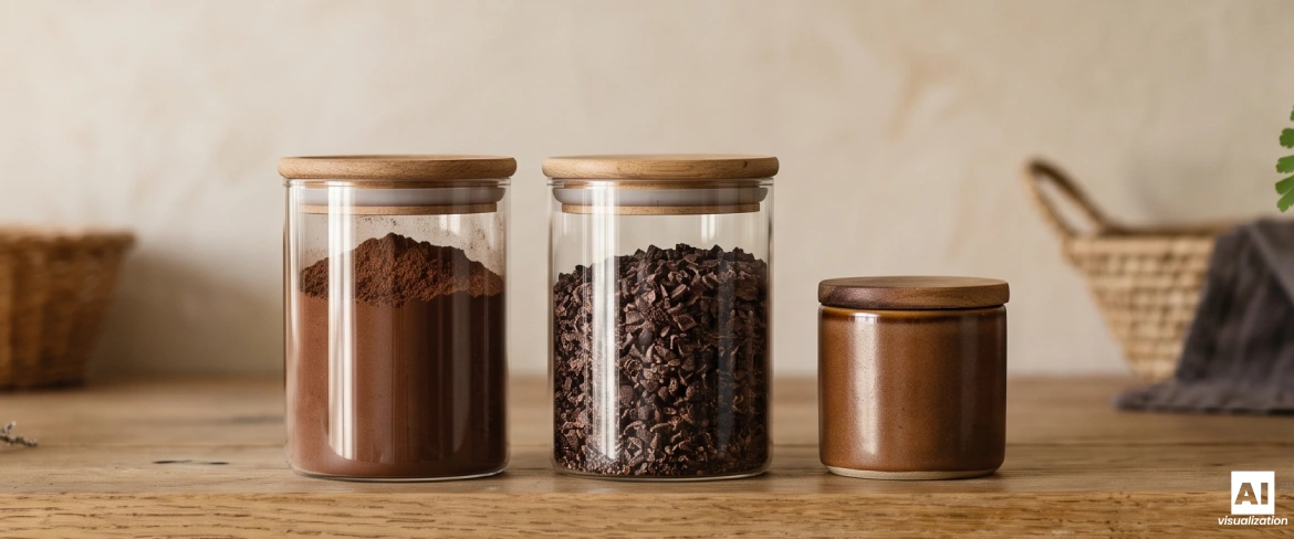 Cacao en polvo, granos triturados y pasta de cacao en recipientes herméticos.